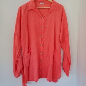 S&F Italy Sz XL 100% Linen LS Button Up Tunic Top Coral Orange Pockets Coastal